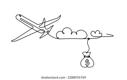 Abstract plane with dollar as line drawing on white background. Vector