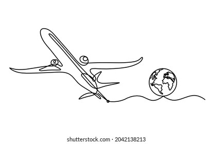 Abstract plane with globe as line drawing on white background. Vector