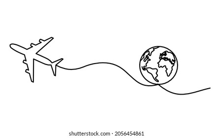 Abstract plane with globe as line drawing on white background. Vector