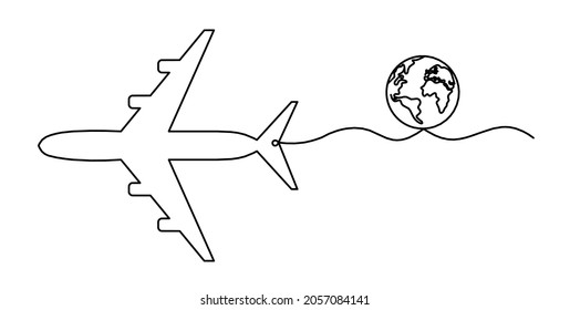 Abstract plane with globe as line drawing on white background. Vector