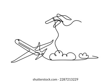 Abstract plane with hand as line drawing on white background. Vector