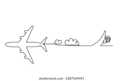 Abstract plane with hand as line drawing on white background. Vector