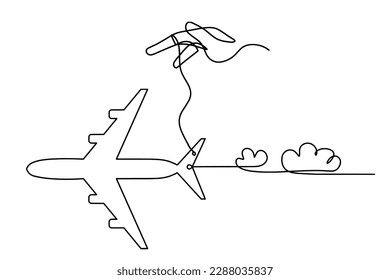 Abstract plane with hand as line drawing on white background. Vector