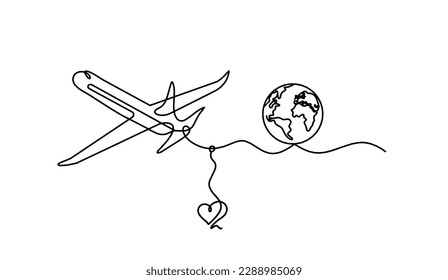 Abstract plane with heart as line drawing on white background. Vector
