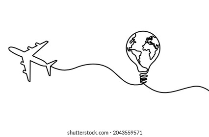 Abstract plane with light bulb and globe as line drawing on white background. Vector