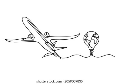 Abstract plane with light bulb and globe as line drawing on white background. Vector