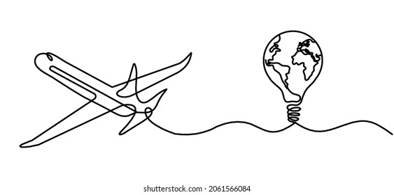 Abstract plane with light bulb and globe as line drawing on white background. Vector