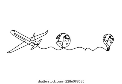 Abstract plane with light bulb as line drawing on white background. Vector
