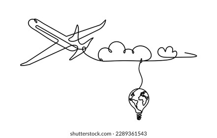 Abstract plane with light bulb as line drawing on white background. Vector