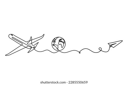 Abstract plane with paper plane as line drawing on white background. Vector