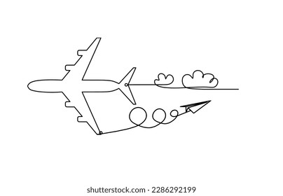 Abstract plane with paper plane as line drawing on white background. Vector