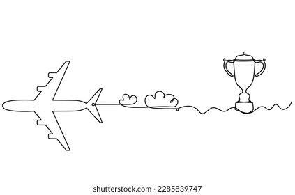 Abstract plane with trophy as line drawing on white background. Vector