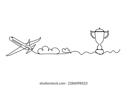 Abstract plane with trophy as line drawing on white background. Vector