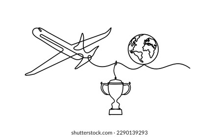 Abstract plane with trophy as line drawing on white background. Vector