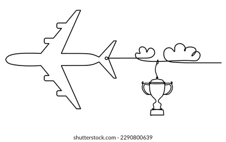 Abstract plane with trophy as line drawing on white background. Vector