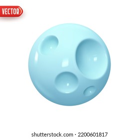 Resumen planeta con cráteres. Colores azules de la luna llena. Forma de la luna de la bola de la esfera. Elemento de diseño 3d realista Al estilo de las caricaturas plásticas. Icono aislado en fondo blanco. ilustración vectorial