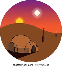 abstraktes Planet-Design mit zwei Sat- und Iglu-Haus. kreisförmige Vektorkunst.