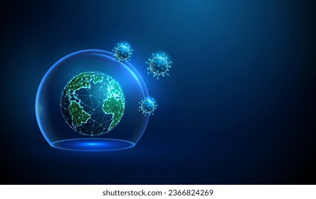 Abstract planet Earth in blue glass dome with attacking viruses. Virus protection concept. Low poly style design. Blue geometric background. Wireframe connection structure. Modern 3d graphic. Vector