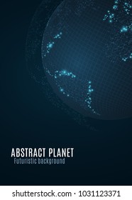 Abstract planet earth. Blue glowing map of small dots. Dark futuristic background. Space concept. High tech. World map. Global network connection. Vector illustration. EPS 10