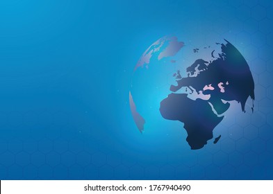 Abstract planet earth. Blue map of the earth from the square points. Dark background. Blue glow. High tech. Global network connection, international meaning. Vector