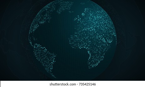 Abstract planet earth. Blue map of the earth from the square points. Dark background. Blue glow. High tech. World map. Global network connection. Vector illustration