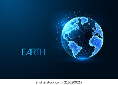 Abstract planet earth globe map, view from space concept banner in futuristic glowing style on blue