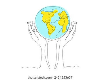 Resumen Planeta tierra en las manos, dibujo de dibujo de una sola línea continua boceto