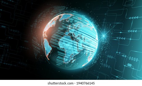 Abstract planet Earth inside a computer network. Contours of countries and continents from luminous particles. Map of our planet. Modern technologies and virtual reality. Vector. Futuristic background