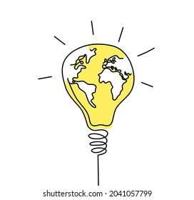 Abstract planet Earth in light bulb as line drawing on white as background. Vector