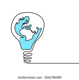 Abstract planet Earth in light bulb as line drawing on white as background. Vector