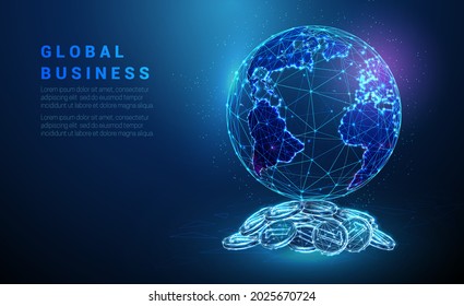 Resumen planeta tierra en montón de monedas. Concepto de negocios global. Diseño de bajo estilo polaco.  Fondo geométrico azul. Estructura de conexión de la luz del bastidor acústico. Gráfico 3d moderno. Ilustración del vector