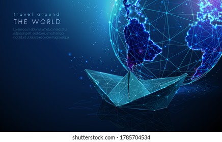 Abstract  planet earth with paper ship. Tourism concept. Low poly style design.  Blue geometric background. Wireframe light connection structure. Modern 3d graphic. Isolated vector illustration