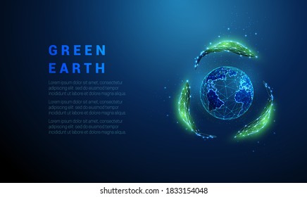 Abstract  planet earth in recycle sign from leafs. Low poly style design. Blue geometric background. Wireframe light connection structure Modern 3d graphic ecology concept Isolated vector illustration