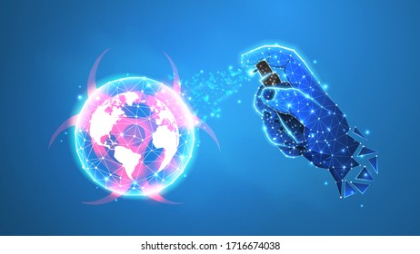 Abstract planet Earth with sanitiser in a hand. Coronavirus vaccine. World Covid pandemic prevention. Low poly, wireframe 3d vector illustration. Abstract polygonal image on blue neon background 