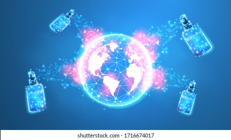 Abstract planet Earth with sanitiser satellites. Coronavirus vaccine. World Covid pandemic prevention. Low poly, wireframe 3d vector illustration. Abstract polygonal image on blue neon background 