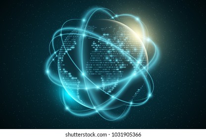 Abstract planet earth. World map from binary code. Glowing, blurry neon lines. Abstract background. Computer programming code. Global network. Vector illustration. EPS 10