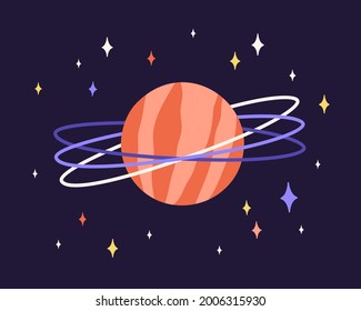 Abstract planet globe with rings and red surface in outer space. Alien world with cosmic sphere and stars in cosmos. Flat vector illustration of astronomical celestial object in black night sky