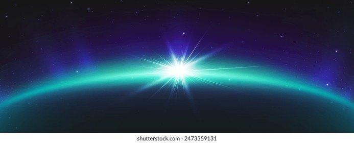 Abstract planet horizon blue crescent glow with bright sparkle and rays on dark starry sky background. Realistic vector illustration of sunrise or set view from outer space. Dawn or dusk in cosmos.