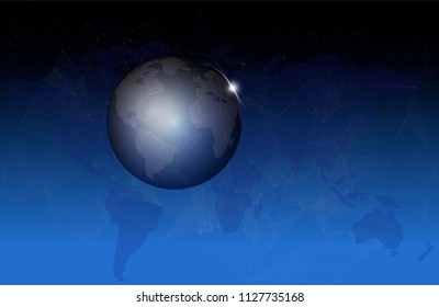 Abstract planet on a dark blue background. Earth. World map. Blue light. Sci-fi and hi-tech. Highlighted cities. Map of points. The world population. World Network. Vector illustration