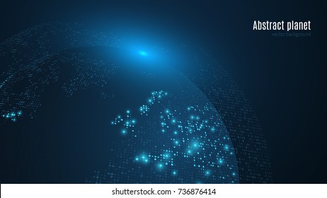 Abstract planet on a dark blue background. Earth. World map. Blue light. Sci-fi and hi-tech. Big cities. Map of square points. The world population. Global Network. Vector illustration