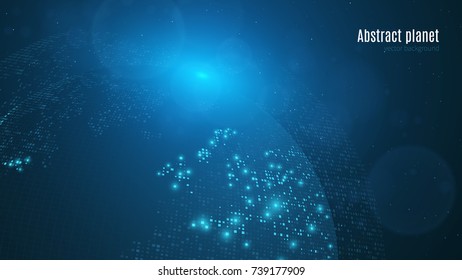 Abstract planet on a dark blue background. Earth. World map. Blue light. Sci-fi tech. Big cities. Map of square points. Starry sky. Global Network. Vector illustration