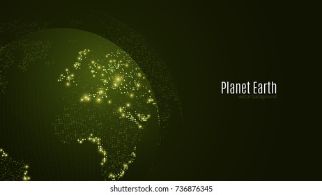 Abstract planet on a dark green background. Earth. World map. Green light. Sci-fi and hi-tech. Big cities. Map of points. The world population. World Network. Vector illustration