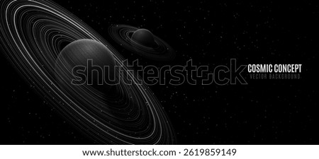 Abstract planet Saturn with ring around and Shining Starry sky. Scientific presentation backdrop for online conference or forum. Black outer space concept. Cosmic background. Vector illustration