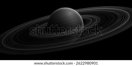 Abstract planet Saturn with ring around. Solar system concept. Scientific presentation backdrop for astronomy online webinar or conference. Black outer space. Vector illustration