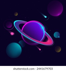 Abstract planet Saturn surrounded by other planets and stars. Amazing cosmic illustration of celestial bodies and objects.