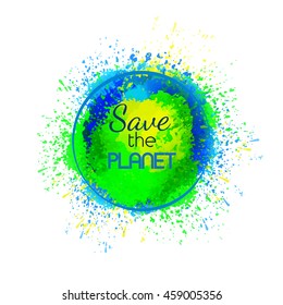 Abstract planet. Save the Earth. Bright spots. Blue, green and yellow colors. Vector illustration, eps10.