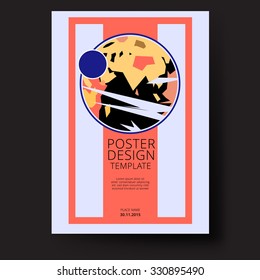Abstract planet, similar to Earth on the outlines of the continents, with moon, on an geometric background A4 poster design template 
