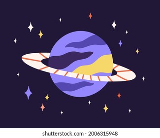 Resumen de la esfera del planeta con anillo alrededor en el espacio ultraterrestre. Mundo extranjero con un mundo extraño y estrellas en el cosmos. Ilustración de vector plano infantil de un objeto celeste fantástico en el universo