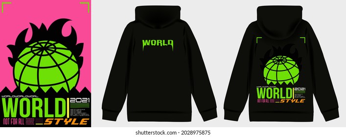 Abstract planet. Stylish sweatshirt with a hood in Acid Graphic style, trendy streetwear with lettering, vector illustration