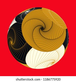 abstract planet with vortex in gold red black
